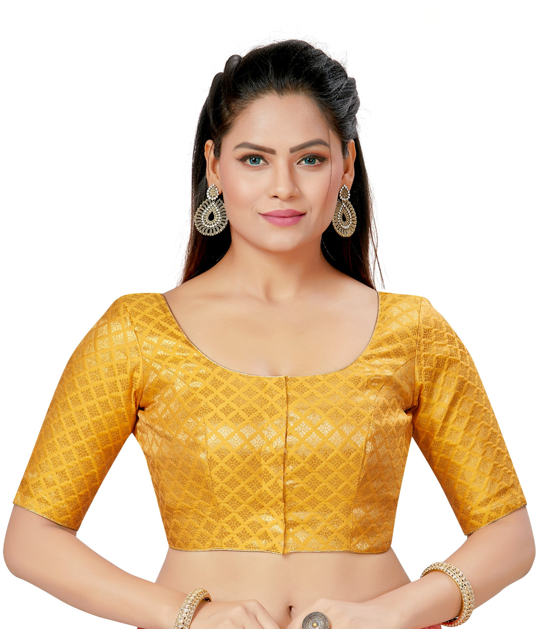 Women'S Polyester Brocade Readymade Saree Blouse With Elbow Length Sleeves - Madhu Fashion