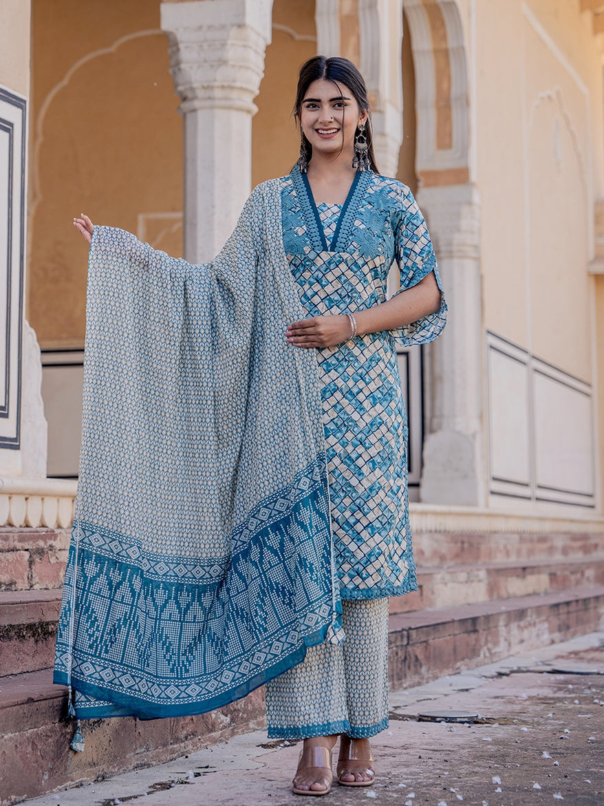 Women's Teal Printed Kurta Dupatta Set - Yufta