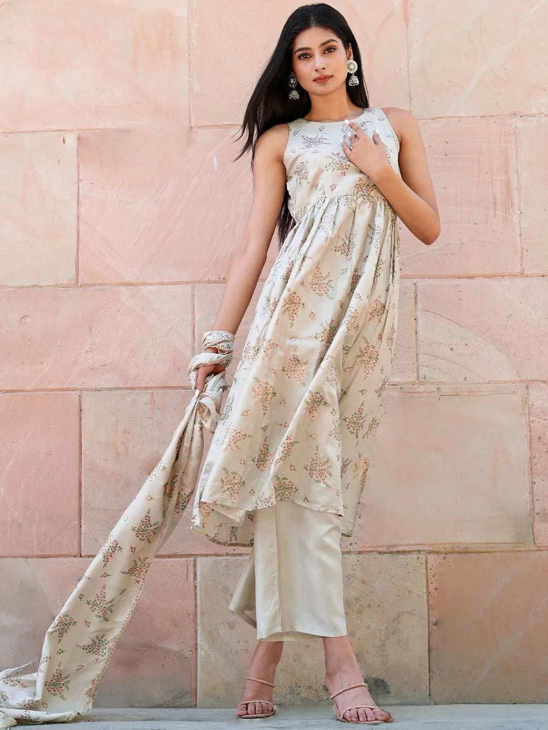 Beige Printed Silk Blend A-Line Kurta With Palazzos & Dupatta - Jashvi