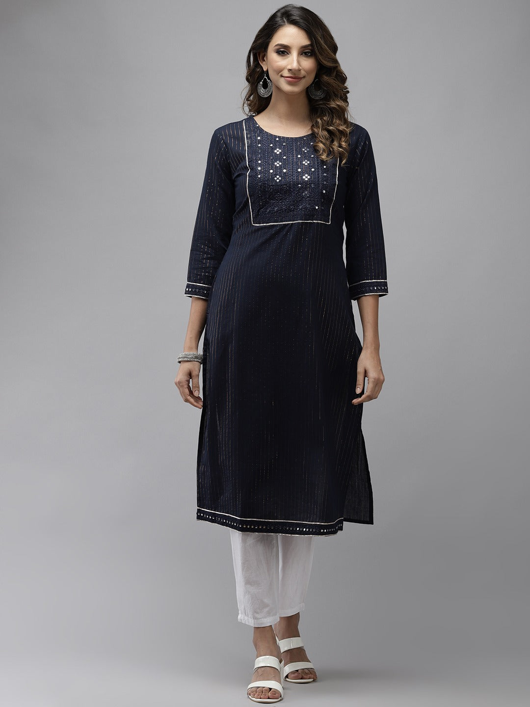 Women's Navy Blue Yoke Design Mirror Work Cotton Kurta - Yufta