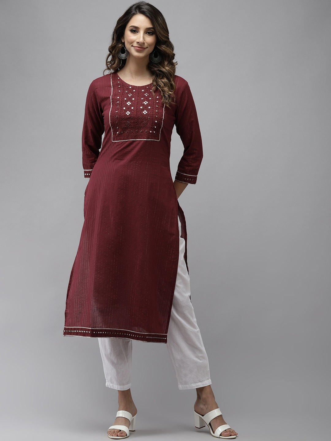 Women's Maroon Yoke Design Mirror Work Cotton Kurta - Yufta