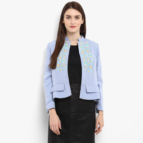 Women's Pastel Blue Embroidered Blazer - Pannkh