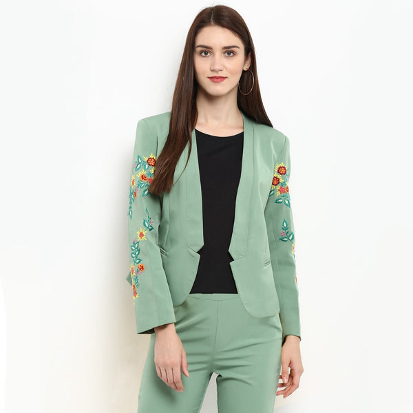 Women's Pastel Green Embroidered Blazer - Pannkh