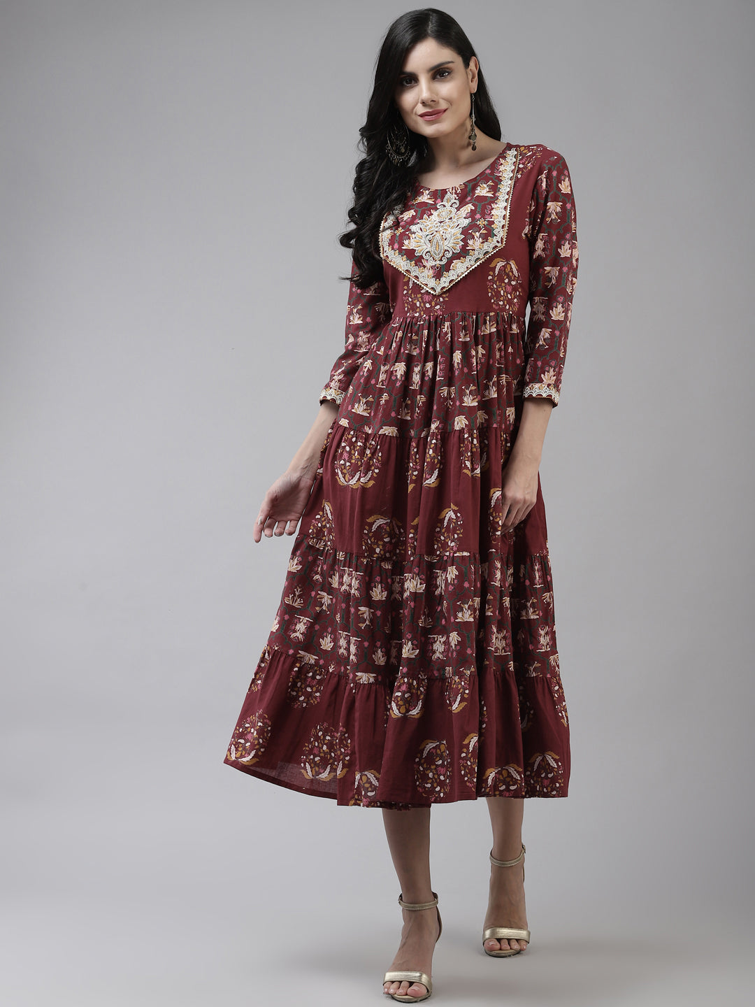 Women's Maroon Zari Embroidered Frill Cotton A Line Dress - Yufta