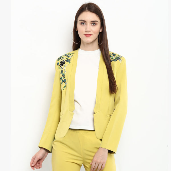 Women's Pastel Yellow Embroidered Blazer - Pannkh