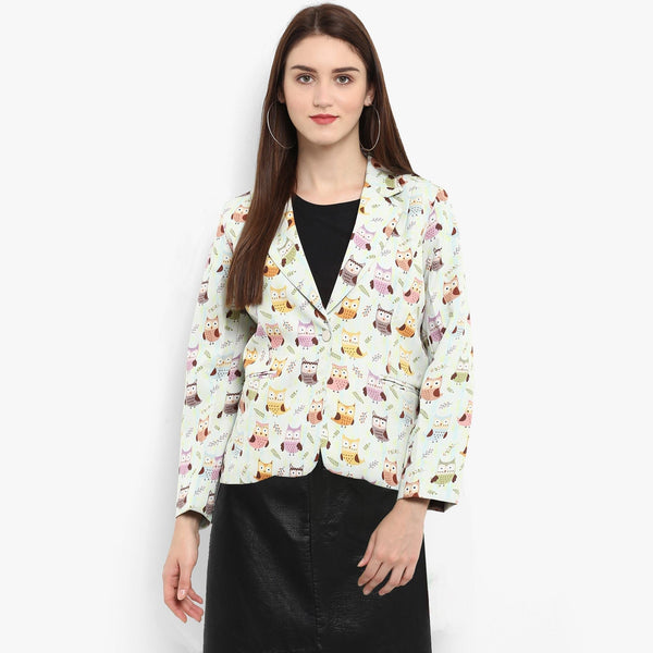 Women's White Allover Owl Print Blazer - Pannkh