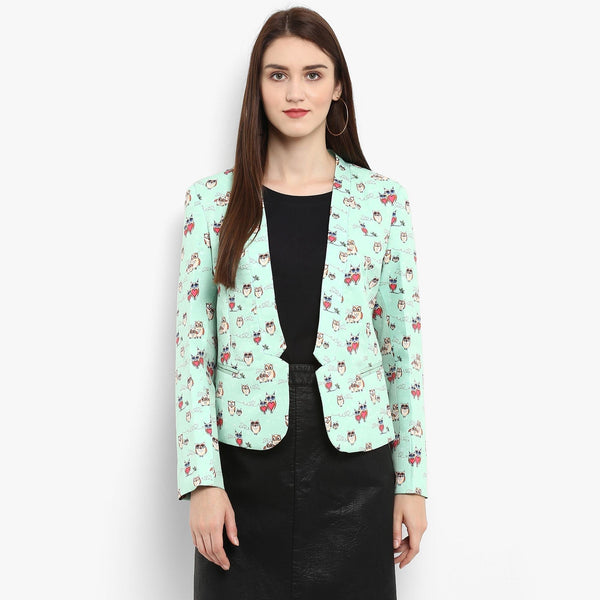 Women's Green Allover Owl Print Blazer - Pannkh