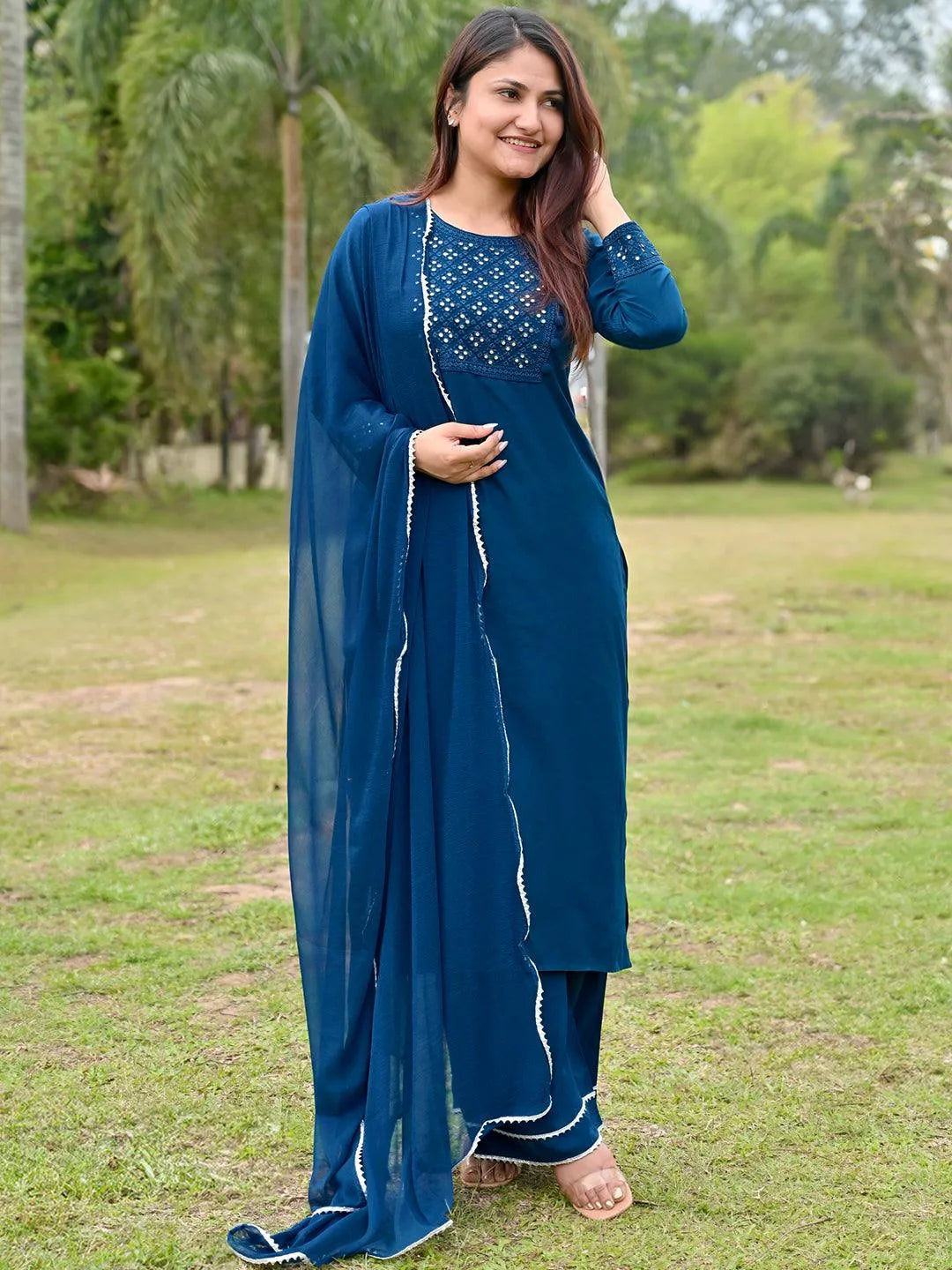 Blue Embroidered Rayon Straight Kurta With Palazzos & Dupatta - Jashvi