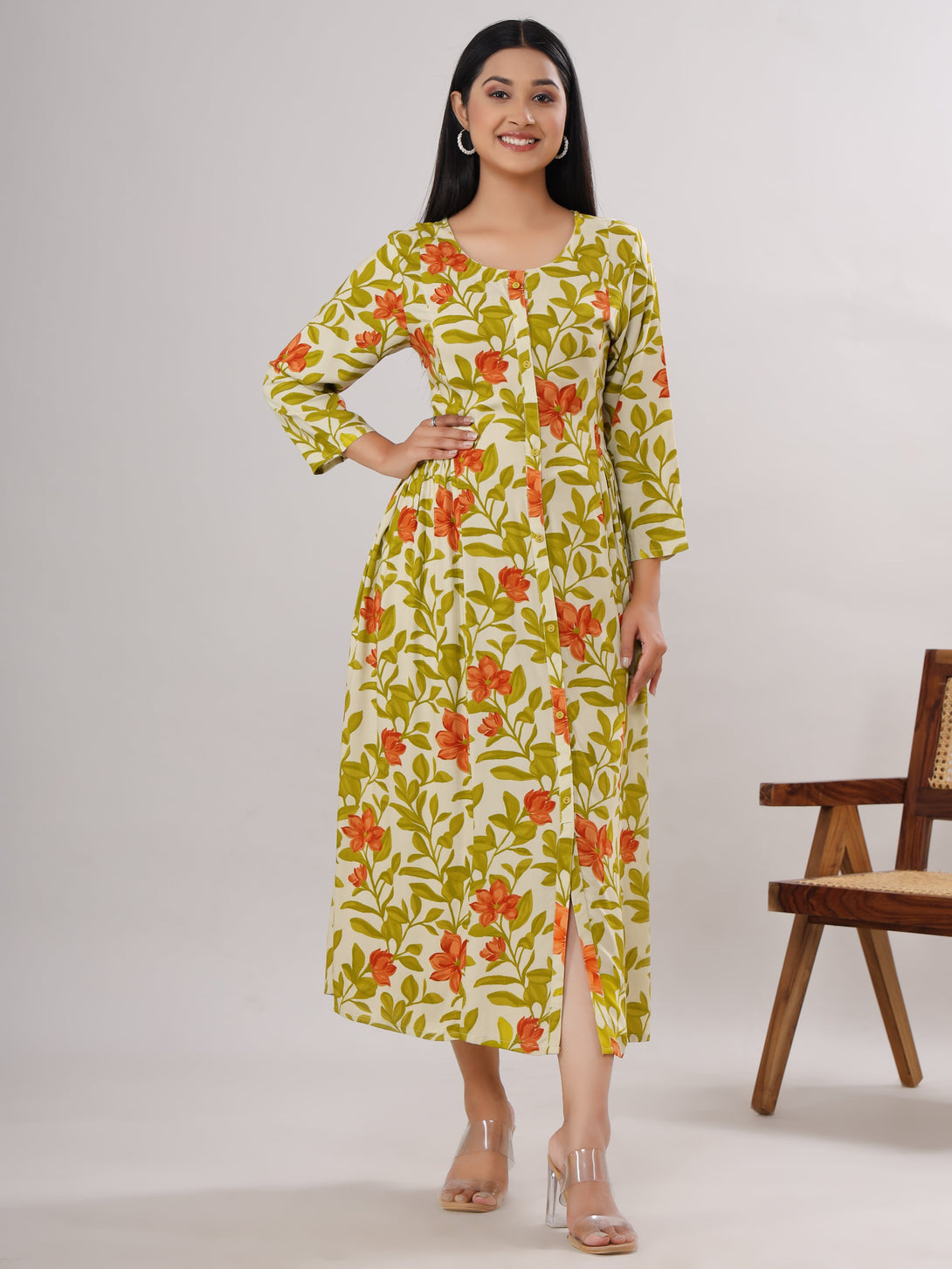 Women's Floal Printed Viscose Rayon Flared Ethnic Dress(Lime Green) - Vasvi