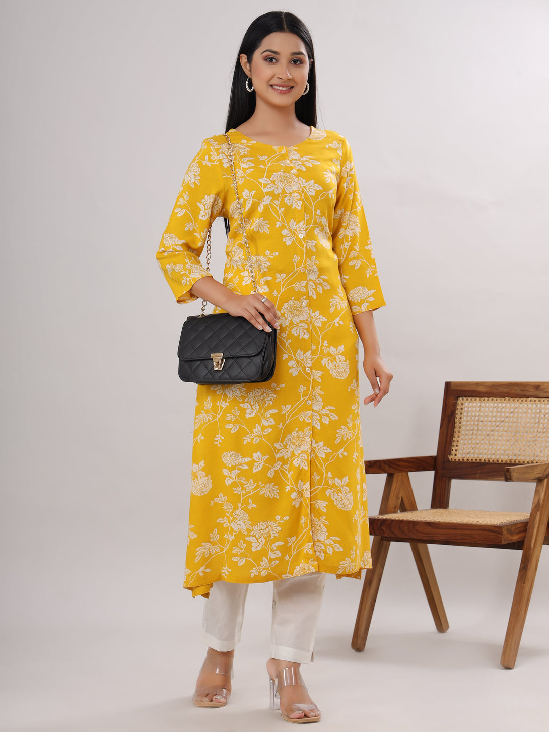 Women's Floal Printed Viscose Rayon A-Line Kurta(Mustard) - Vasvi