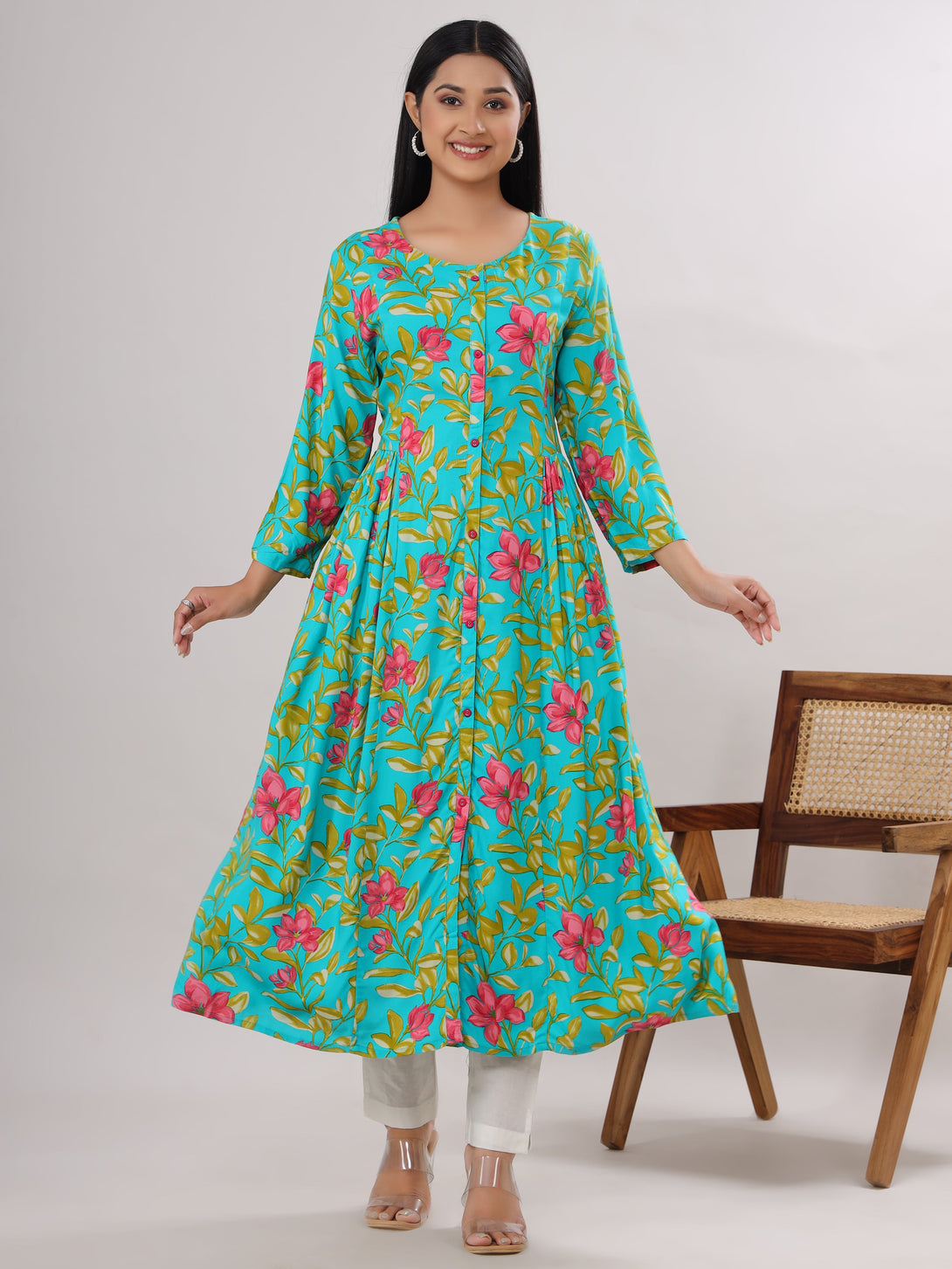 Women's Floal Printed Viscose Rayon Flared Ethnic Dress(Blue) - Vasvi