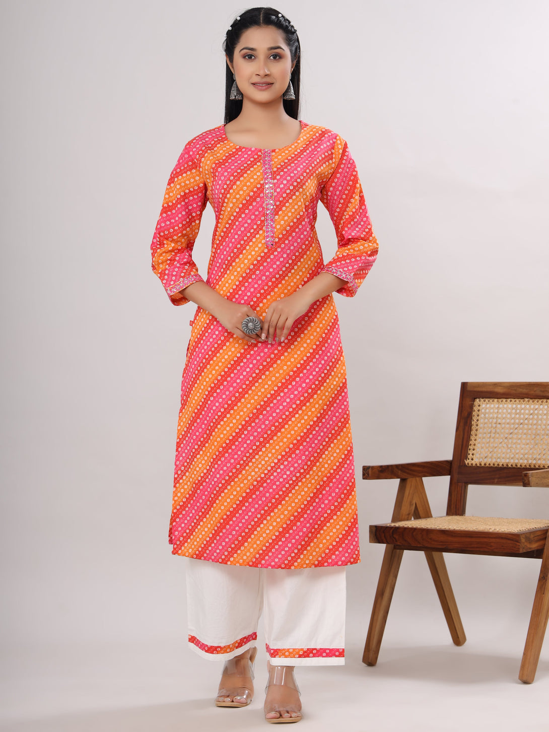 Women's Bandej Printed Cotton Cambric Straight Kurta Palazzo Set (Orange) - Vasvi