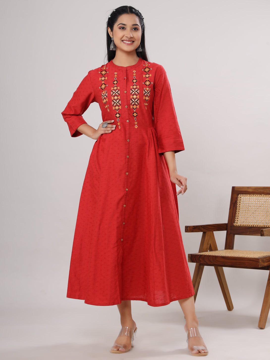 Women's Embroidered Viscose Rayon Ethnic Dress(Red) - Vasvi