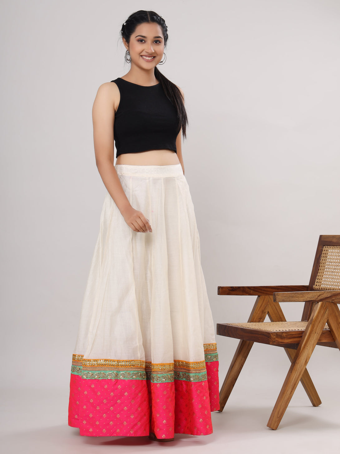 Women's Flared Chanderi, Embroidered Border Off White Skirt - Vasvi