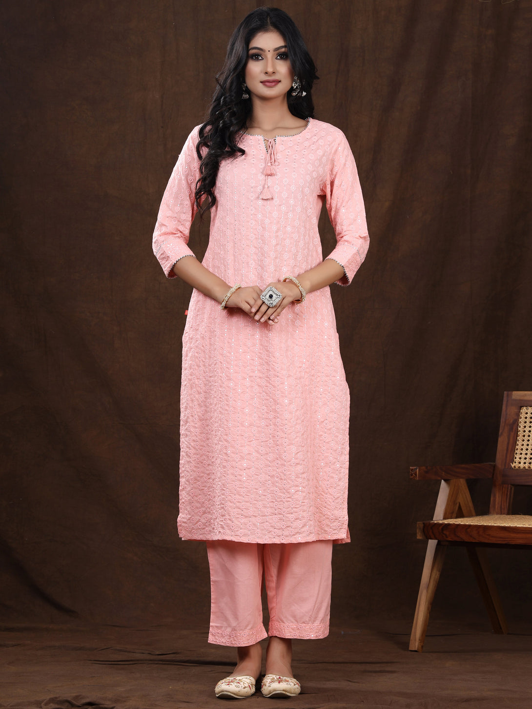 Women's Embroidered Cotton Cambricstraight Kurta Pant Set (Peach) - Vasvi