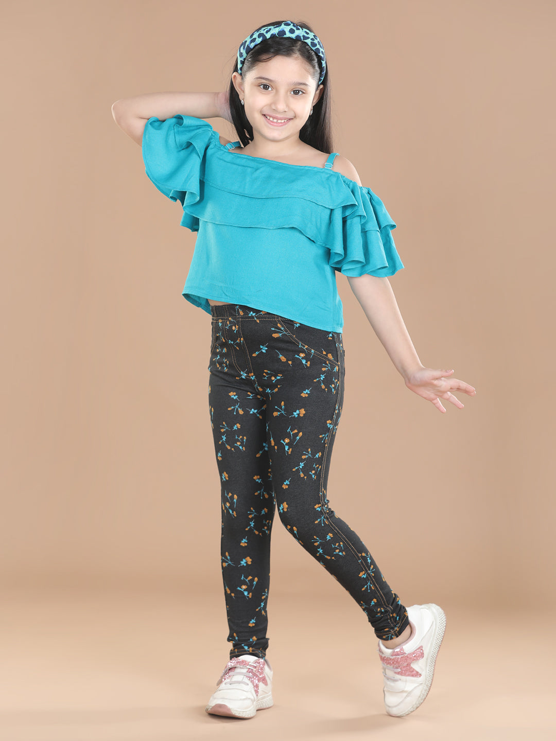 Girl's  Cotton Floral Printed Jegging And Blue Top Set - StyleStone Kid