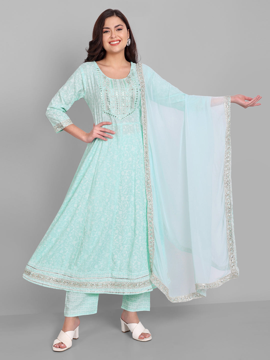 Women's Rayon Printed Embroidered Anarkali Kurta And Pant With Chiffon Dupatta Set - Singni