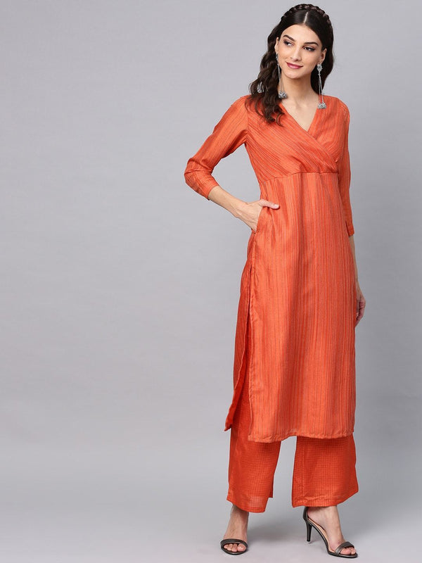 Women's  Orange Striped Kurta with Palazzos - AKS