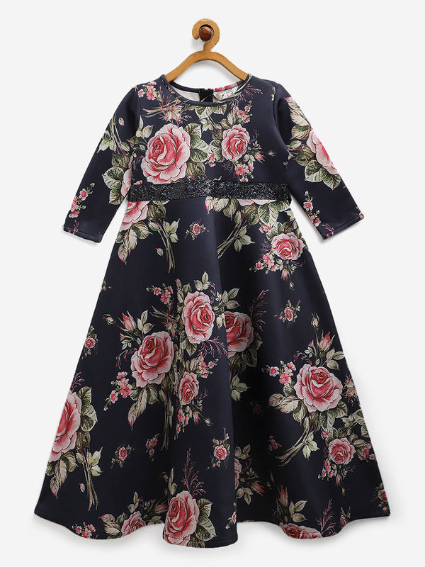 Navy Blue Digital Floral Print Girls Dress