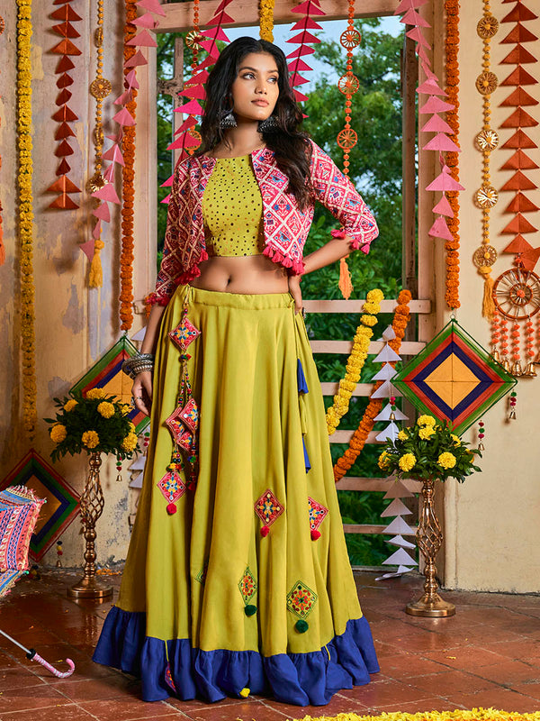 Women's Fluorescent Green Maslin Cotton Embroidered Navratri Special Lehenga - Myracouture