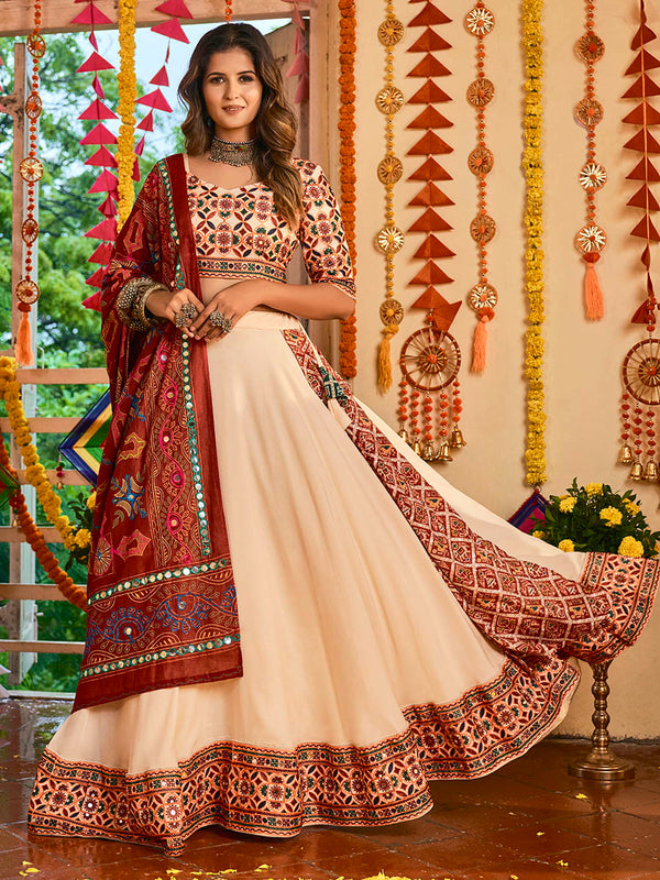 Women's Beige Maslin Cotton Embroidered Navratri Special Lehenga - Myracouture