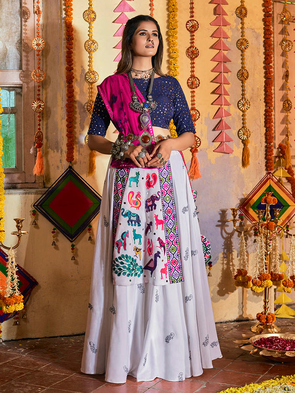 Women's White and Navy blue Maslin Cotton Embroidered Navratri Special Lehenga - Myracouture