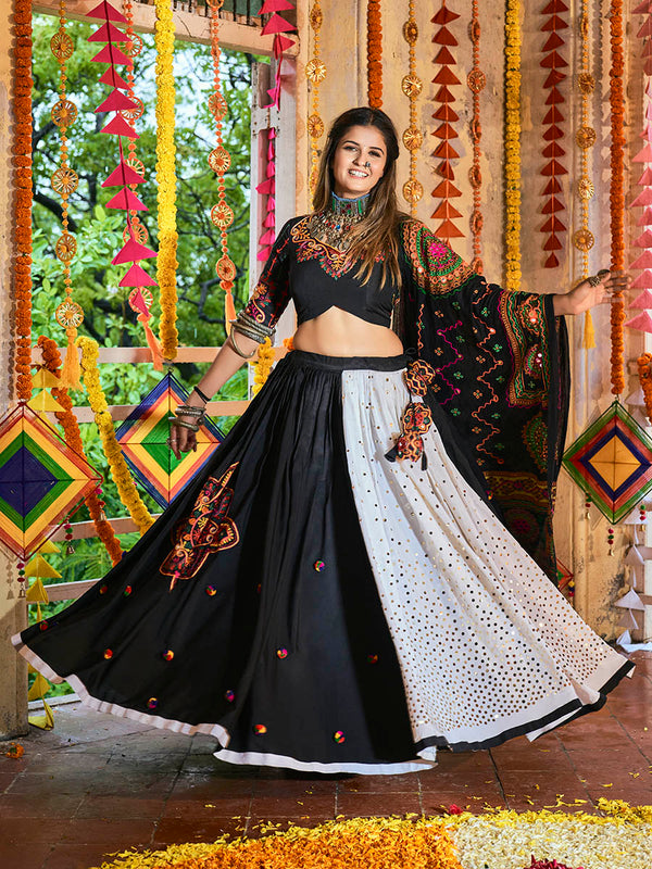 Women's Black and White Maslin Cotton Embroidered Navratri Special Lehenga - Myracouture