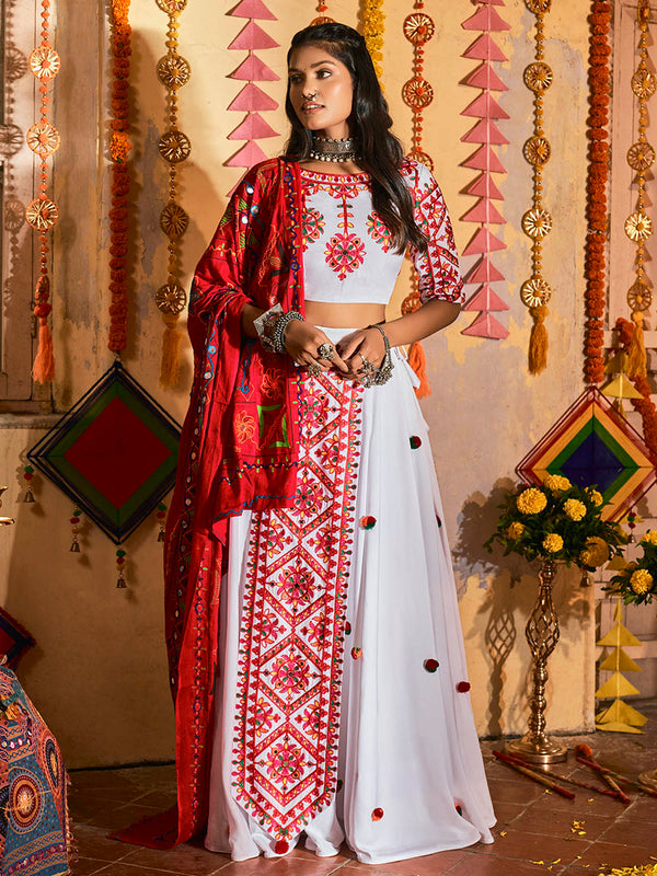 Women's White Maslin Cotton Embroidered Navratri Special Lehenga - Myracouture