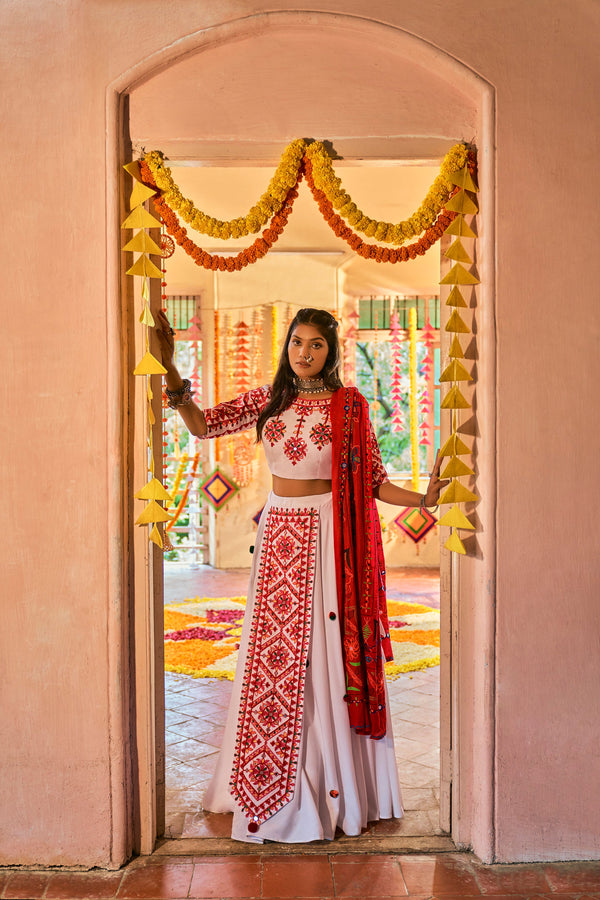 Women's White Maslin Cotton Thread Embroidered Lehenga Set - Shubhkala