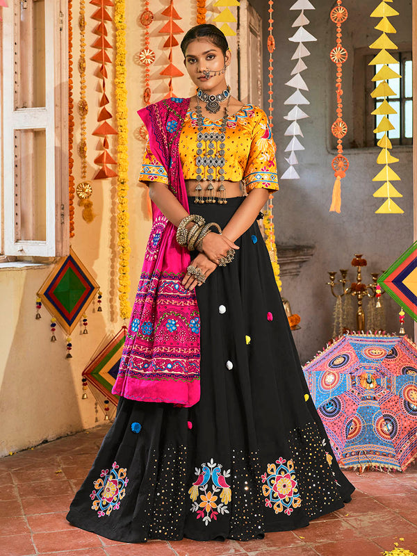 Women's Black and Mustard Yellow Maslin Cotton Embroidered Navratri Special Lehenga - Myracouture