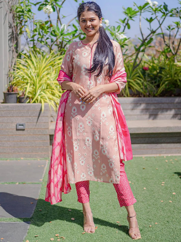 Pink Printed Silk Blend Straight Kurta With Trousers & Dupatta - Jashvi