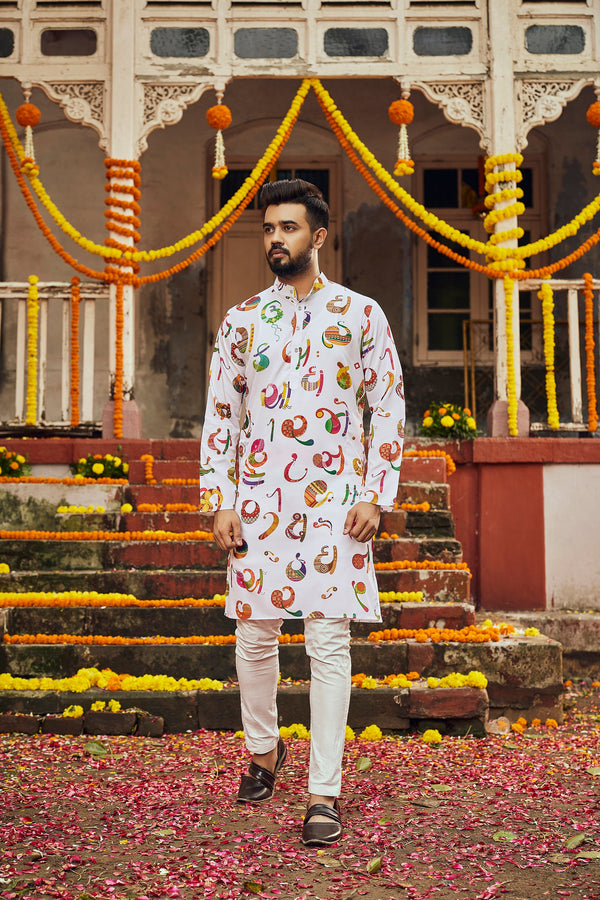 Men's White Art Silk Print Kurta - Shubhkala