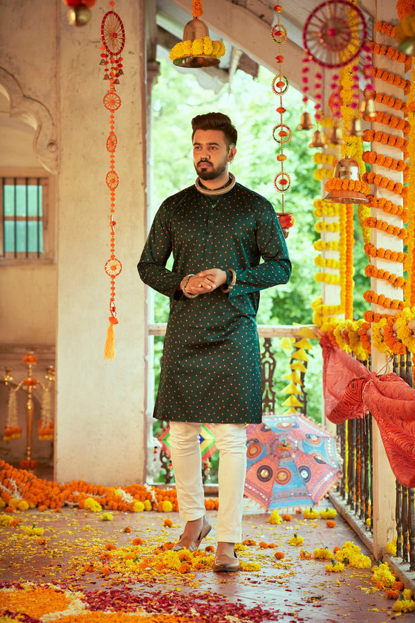 Men's Green Gajji Silk Print Kurta - Shubhkala