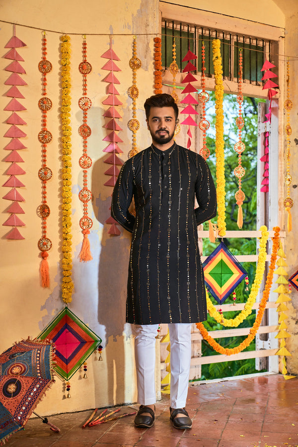 Men's Black Art Silk Embellished Kurta - Shubhkala