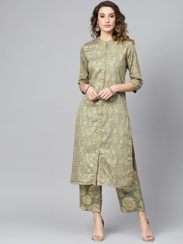 Women's  Olive Green & Golden Block Print Kurta with Palazzos - AKS