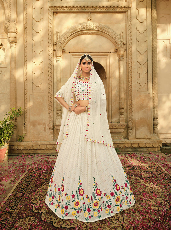 Women's White Georgette Thread With Sequince Embroidered Lehenga Set - Shubhkala