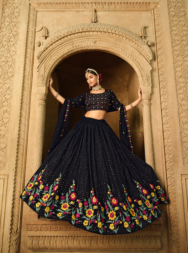 Women's Blue Georgette Thread With Sequince Embroidered Lehenga Set - Shubhkala