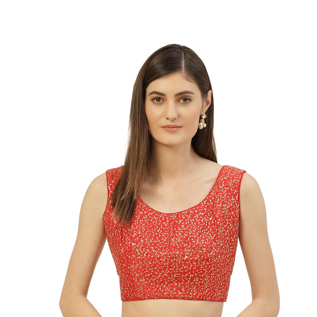 Women's Embroidered Polyester Stitched Sleeveless Saree Blouse (Red,38) - Shringaar