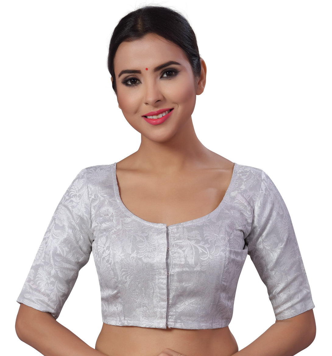 Women'S Silver Brocade Readymade Saree Blouse With Elbow Length Sleeves - Shringaar