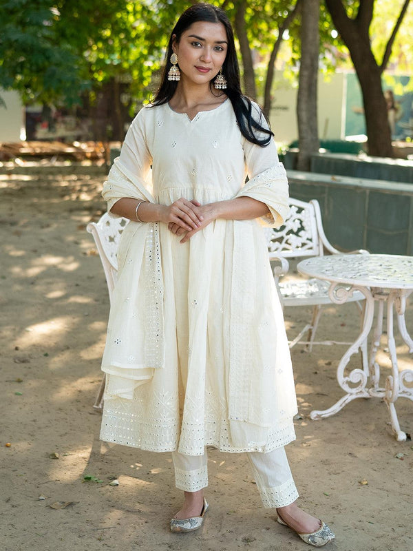 Off White Embroidered Cotton Anarkali Suit Set With Trousers