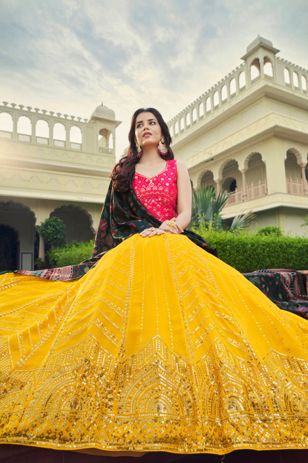 Women's Yellow Georgette Sequince Embroidered Lehenga Set - Shubhkala