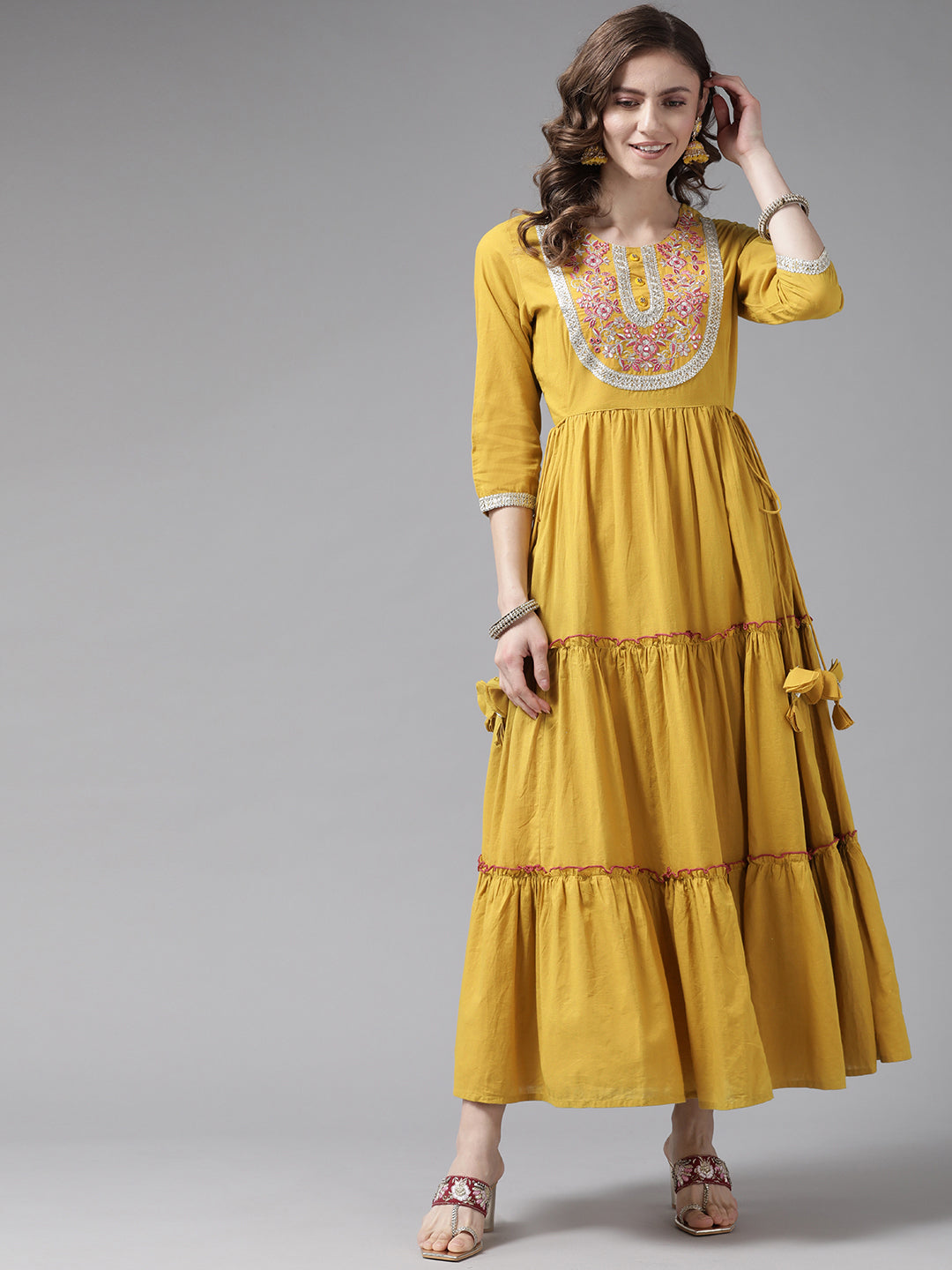 Women's Mustard Zari Mirror Work Tier Dress - Yufta