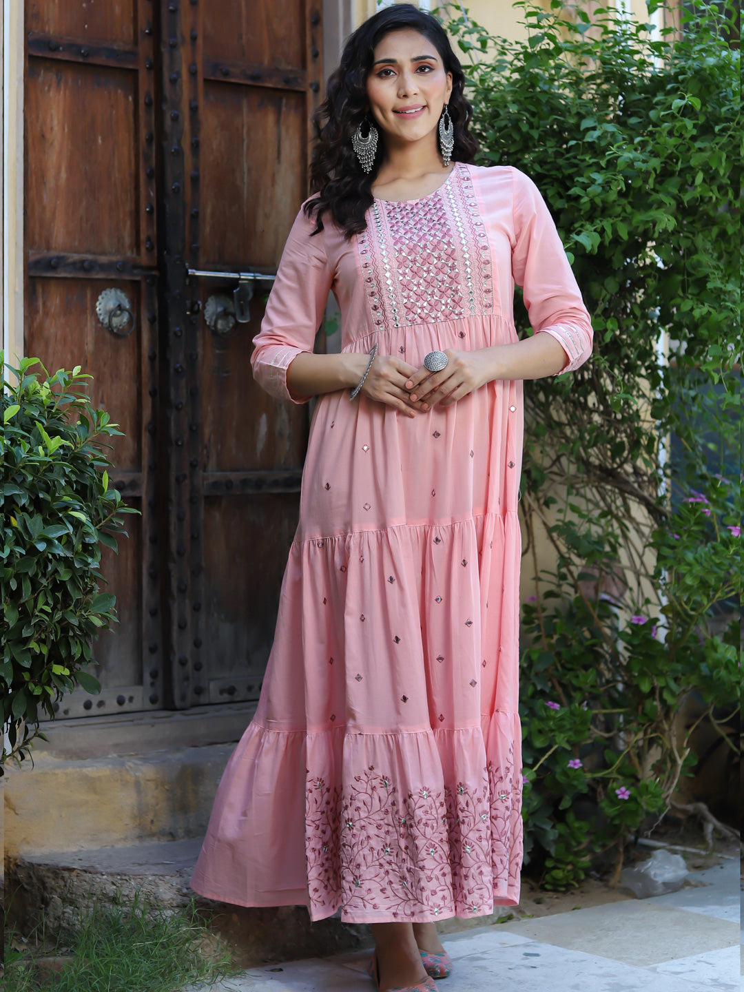 Women's Pink Embroidery Cotton Pleated Dress - Yufta