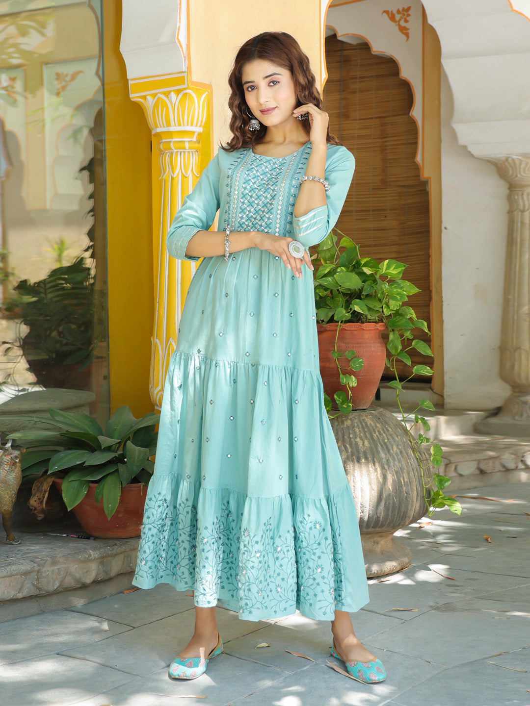 Women's Sea Green Embroidery Cotton Pleated Dress - Yufta