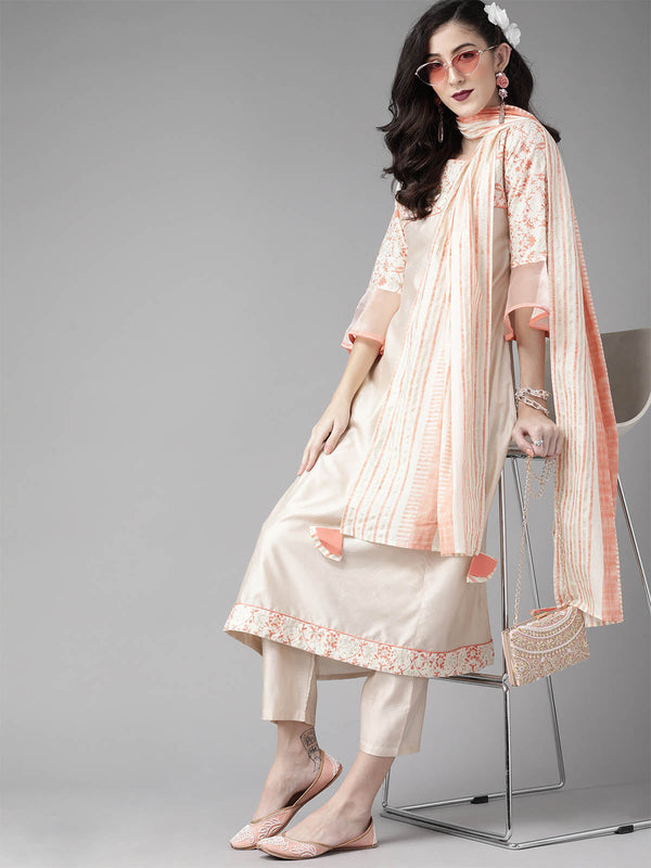 Women's Apricot Printed A-Line Kurta Palazzo Dupatta Set - Odette