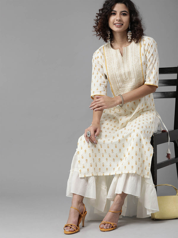 Women's White Solid Straight Kurta With Schiffli Trouser Set - Odette