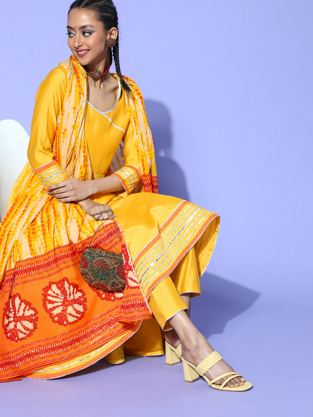 Women's Yellow Tie & Dye A-Line Kurta Churidar With Dupatta Set - Indo Era