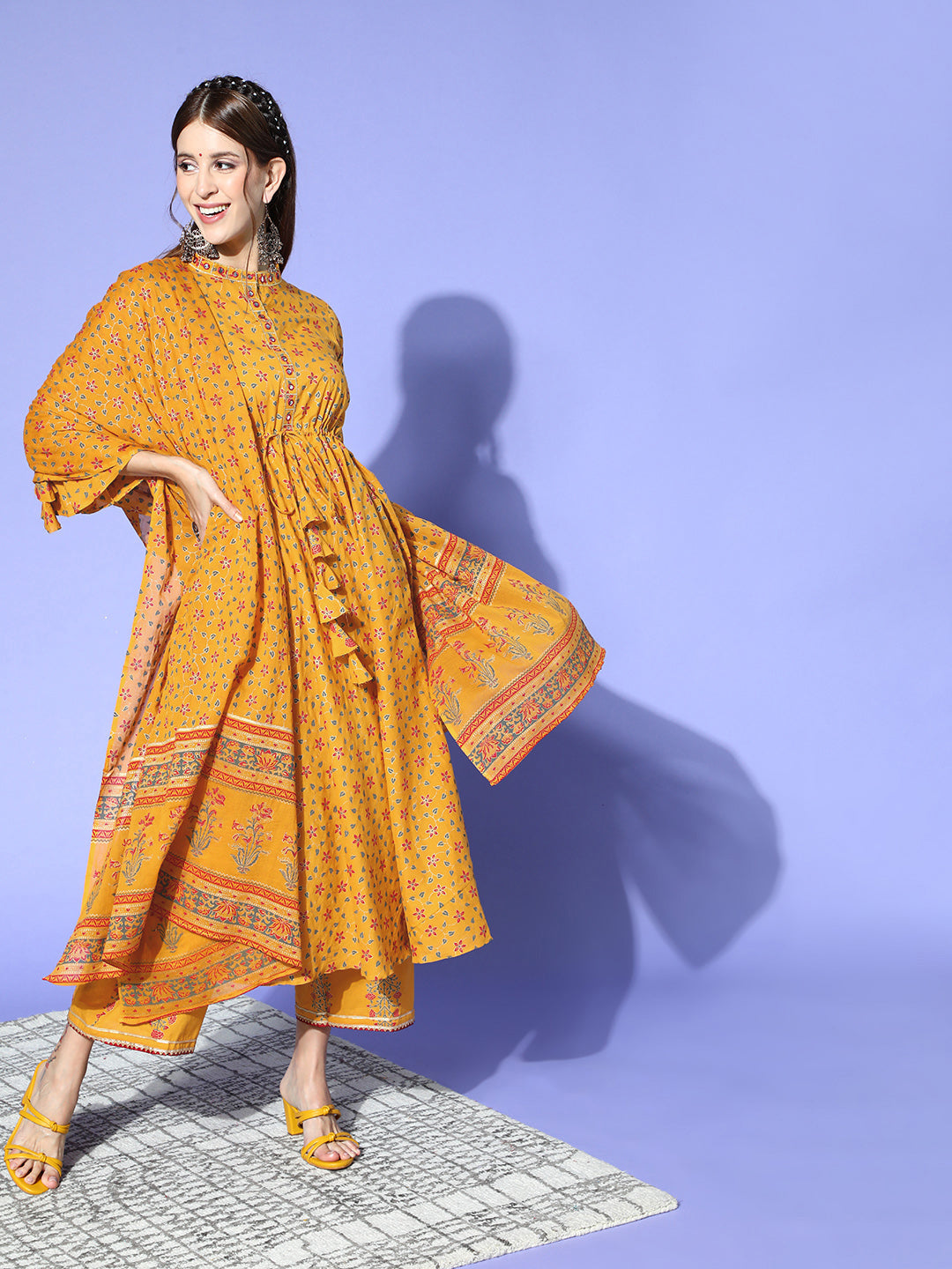 Women's Yellow Printed Straight Kurta Palazzo With Dupatta Set - Indo Era