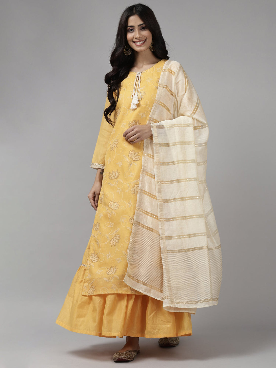 Women's Yellow Printed Straight Kurta Sharara With Dupatta Set - Indo Era