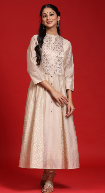 Women's Beige Chanderi Embellished Layered Anarkali Kurta - Juniper